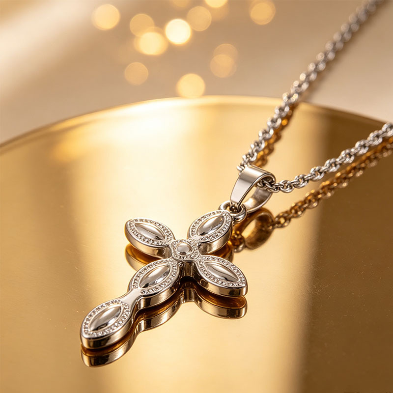 Women's Hollow Floral Cross Pendant Braided Chain Necklace